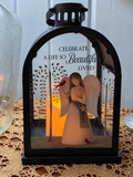 Black memorial lantern with angel, cardinals, and remembrance message